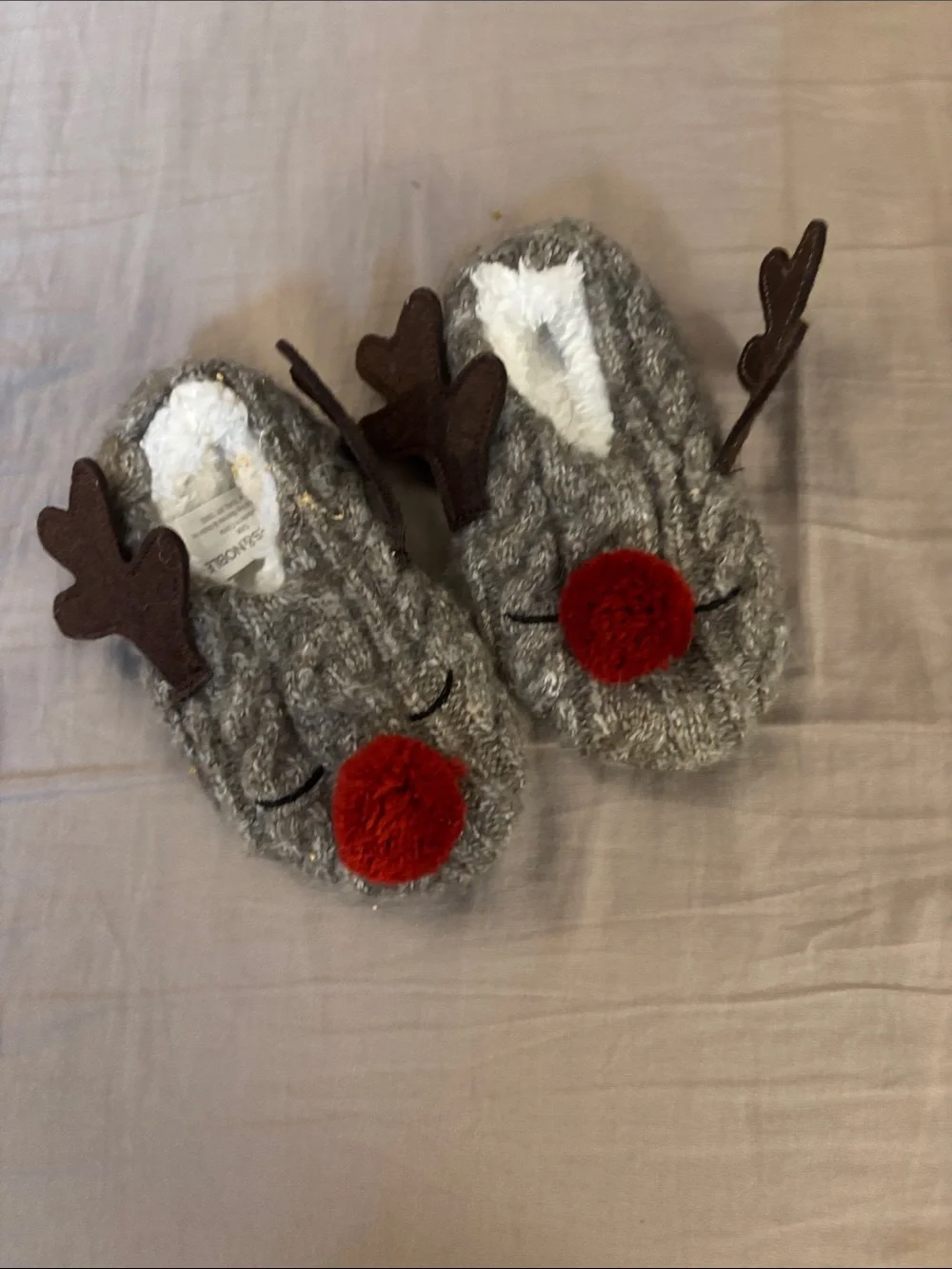 Barnes & Noble Gray Reindeer Kids Slipper Socks with Red Pom Nose